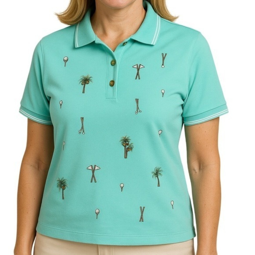 Vintage K. T. Golf Teal Women's Polo 3D Palm‎ Tree Coconuts Novelty Print Sz PS